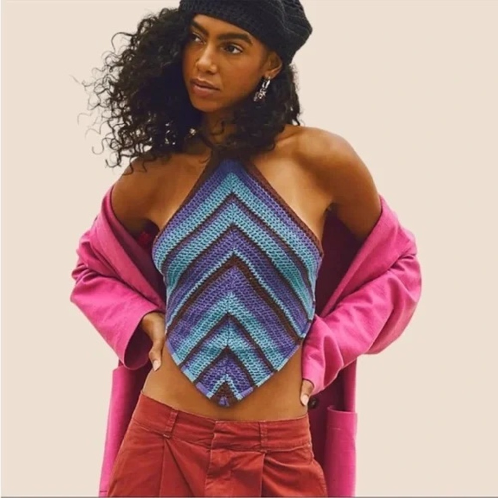 Free People Blue & Purple Crochet Halter Top